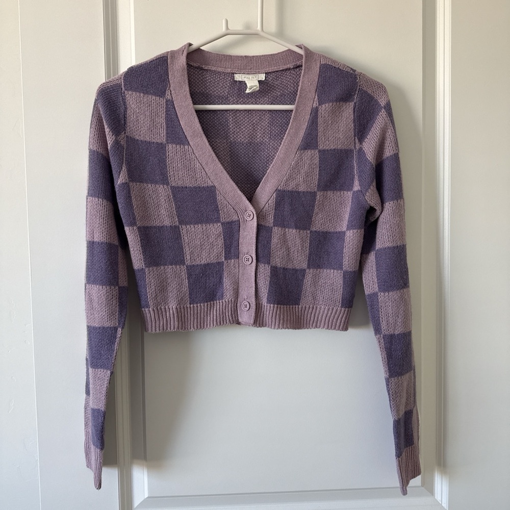 Full Tilt Lavender and Purple Checkered Cardigan